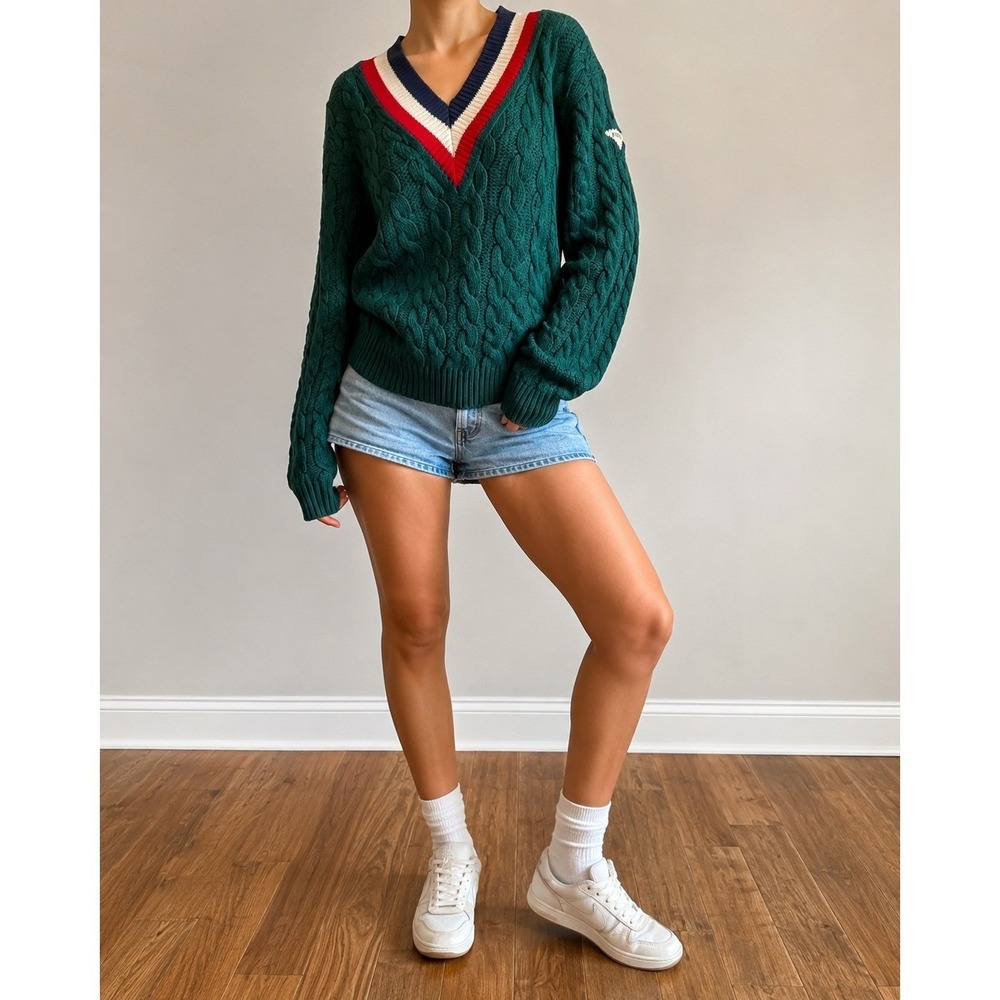 Vintage Varsity Tennis Sweater Women Medium Green Cable Knit Preppy 80s 90s